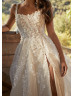 Ivory 3D Floral Lace Tulle Slit Glitter Wedding Dress